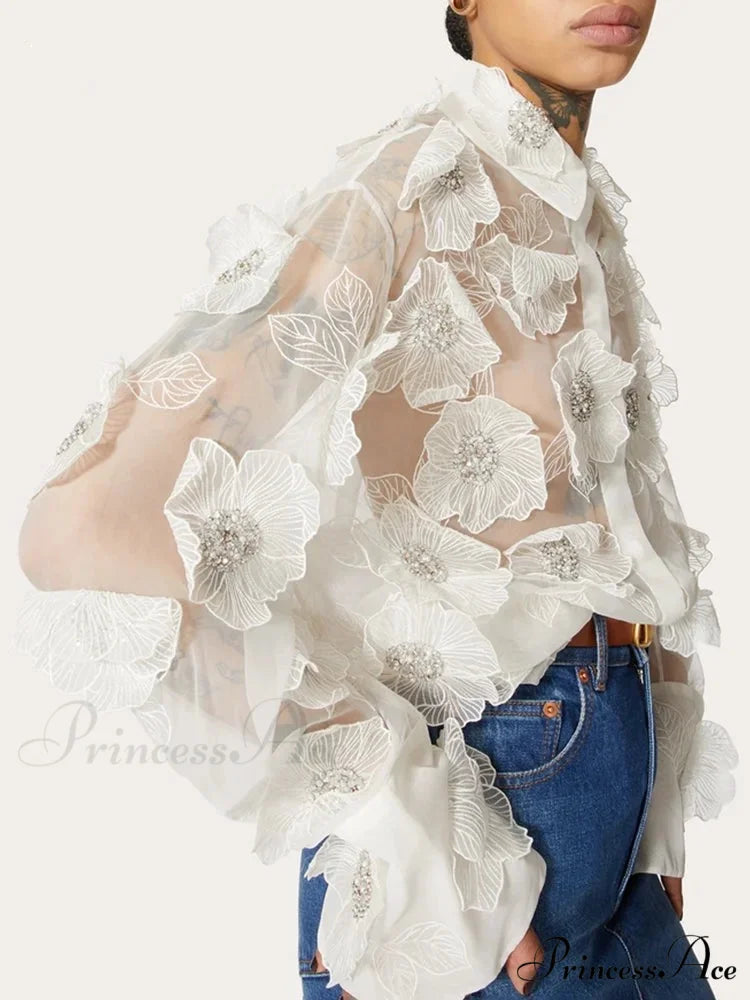 NORA Elegant FLOWER BLOUSE White / S