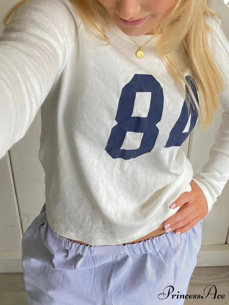 Number Printed Slim O-Neck Extended Sleeve Knit Top knittop-250126