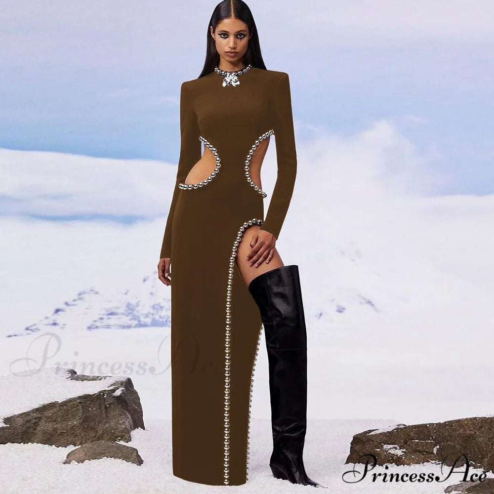 O Black Long Bodyband Sexy Beaded Women’s Cutout Gown Neck Party Celebrity Dress Auburn / XS