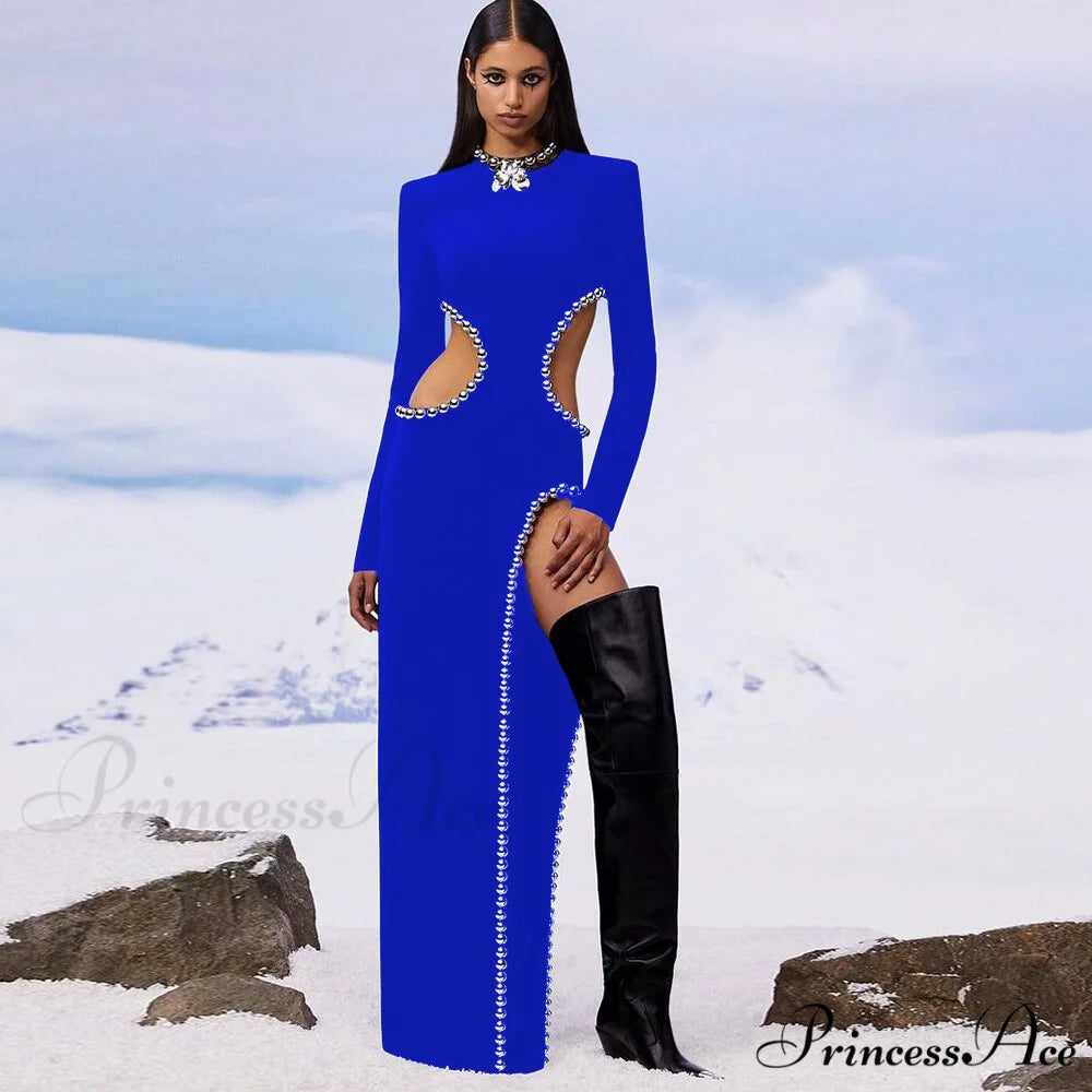 O Black Long Bodyband Sexy Beaded Women’s Cutout Gown Neck Party Celebrity Dress Blue / XS