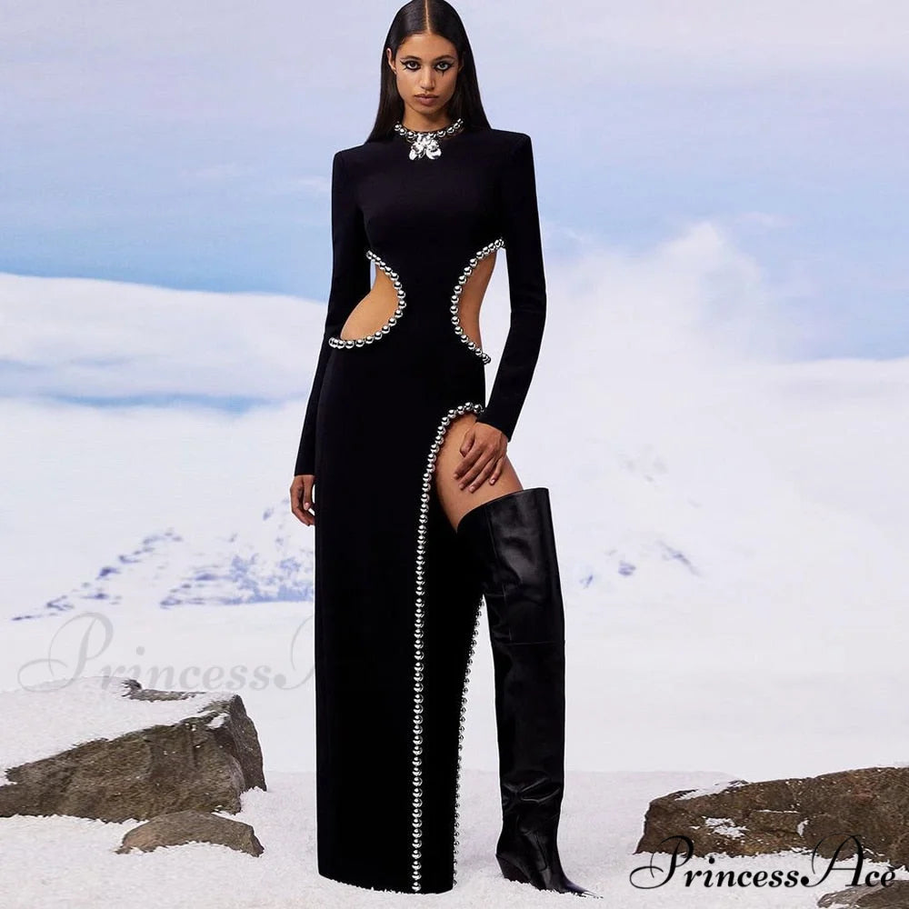 O Black Long Bodyband Sexy Beaded Women’s Cutout Gown Neck Party Celebrity Dress Black / XS
