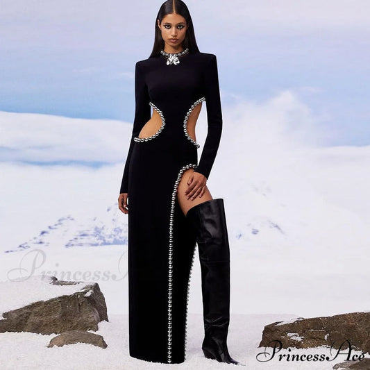 O Black Long Bodyband Sexy Beaded Women’s Cutout Gown Neck Party Celebrity Dress Black / XS
