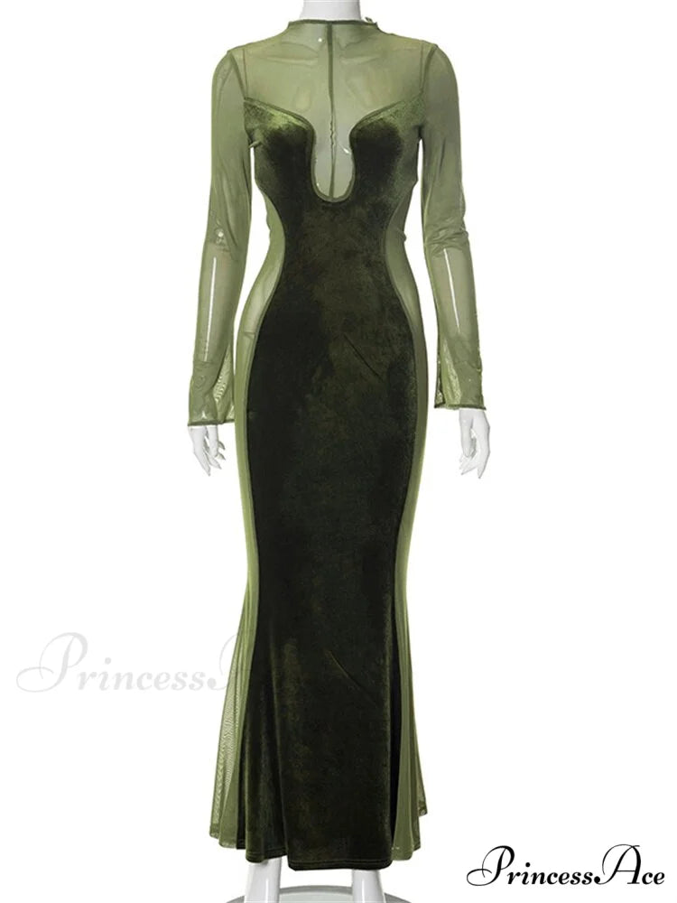O Elegant Arm Dresses Fashion Full-Length Through Fall Party Gown Club Neck for Outfits Sexy - Long Mesh Patchwork See