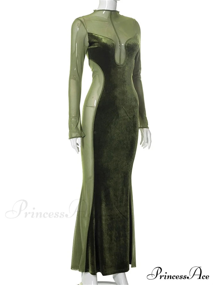 O Elegant Arm Dresses Fashion Full-Length Through Fall Party Gown Club Neck for Outfits Sexy - Long Mesh Patchwork See