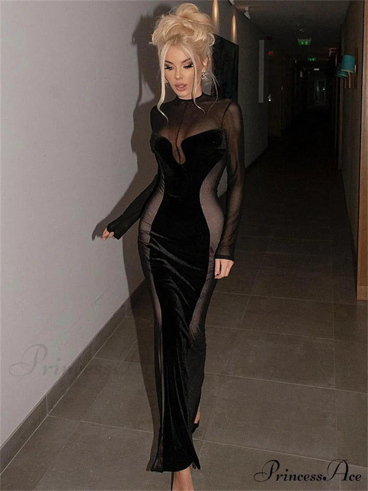 O Elegant Arm Dresses Fashion Full-Length Through Fall Party Gown Club Neck for Outfits Sexy - Long Mesh Patchwork See