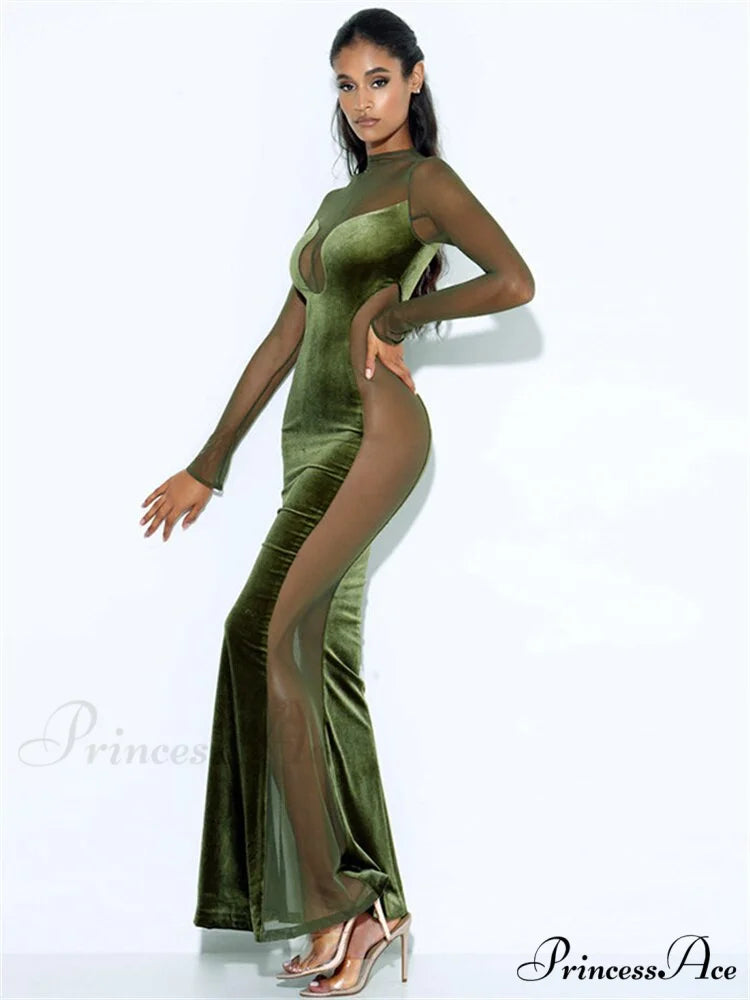 O Elegant Arm Dresses Fashion Full-Length Through Fall Party Gown Club Neck for Outfits Sexy - Long Mesh Patchwork See