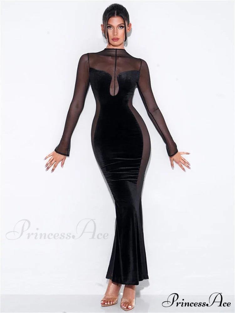O Elegant Arm Dresses Fashion Full-Length Through Fall Party Gown Club Neck for Outfits Sexy - Long Mesh Patchwork See