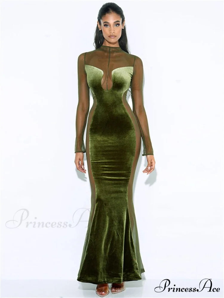 O Elegant Arm Dresses Fashion Full-Length Through Fall Party Gown Club Neck for Outfits Sexy - Long Mesh Patchwork See