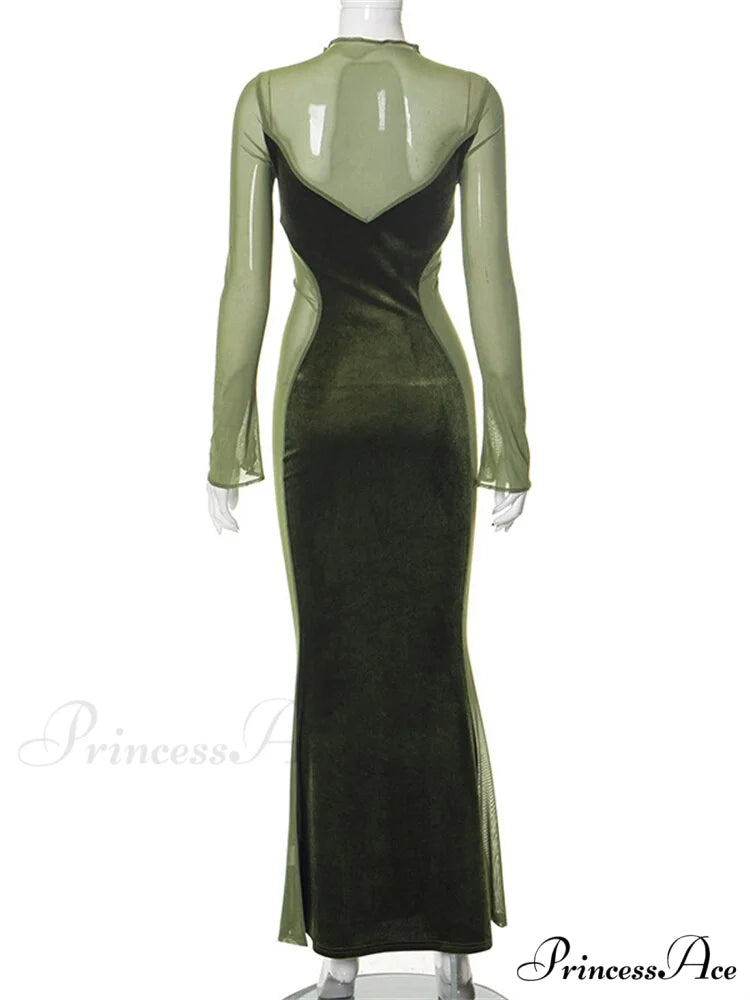 O Elegant Arm Dresses Fashion Full-Length Through Fall Party Gown Club Neck for Outfits Sexy - Long Mesh Patchwork See