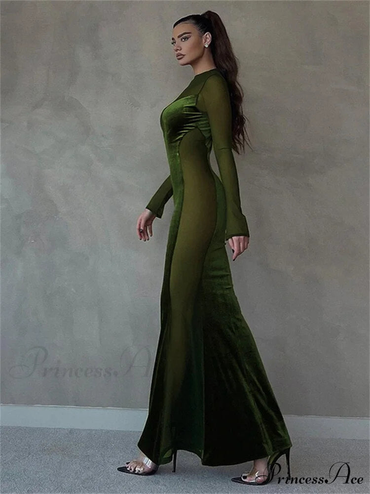 O Elegant Arm Dresses Fashion Full-Length Through Fall Party Gown Club Neck for Outfits Sexy - Long Mesh Patchwork See