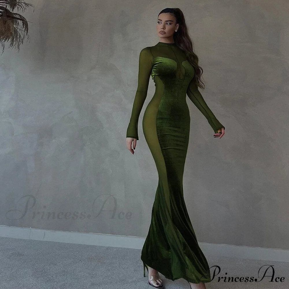 O Elegant Arm Dresses Fashion Full-Length Through Fall Party Gown Club Neck for Outfits Sexy - Long Mesh Patchwork See