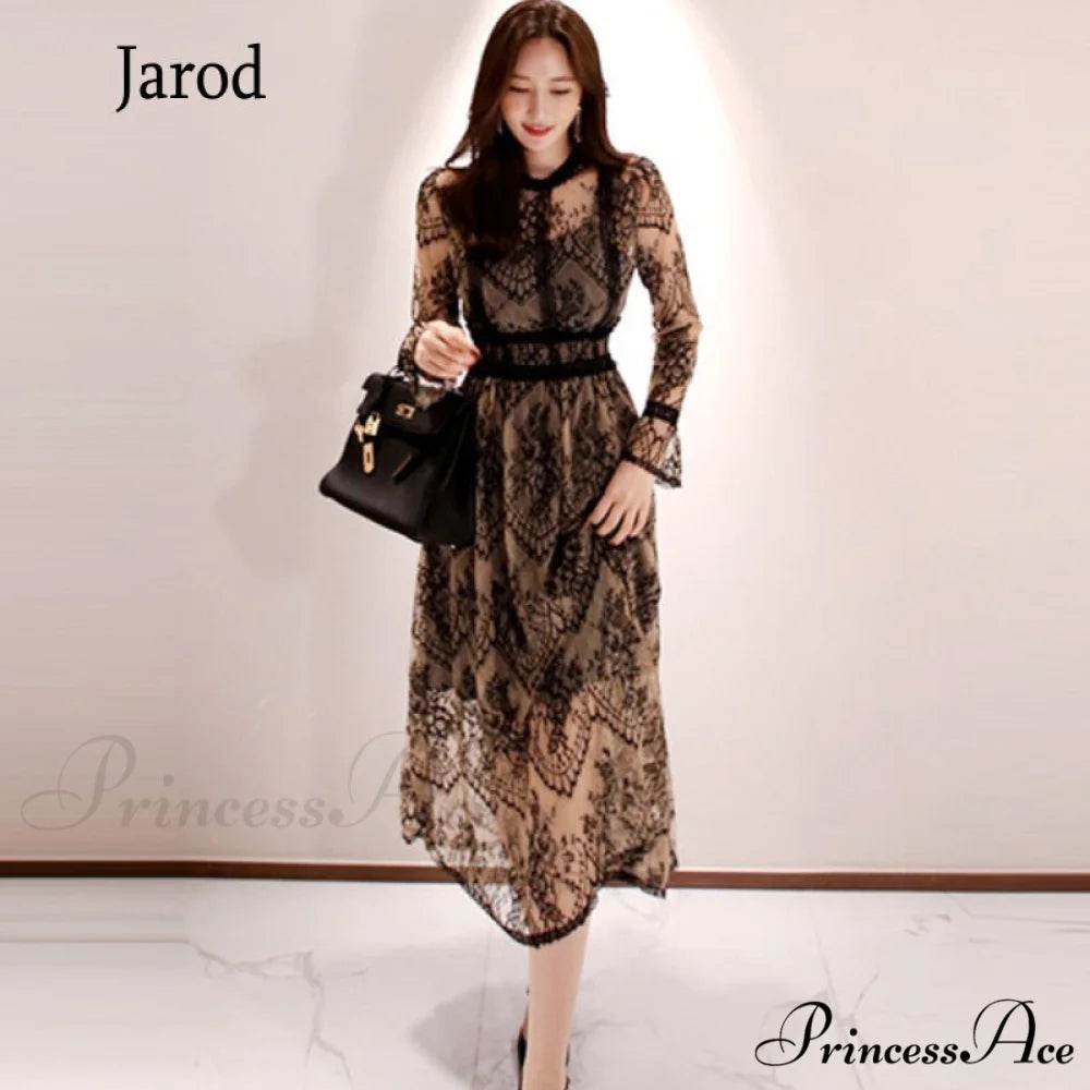 O-Neck Casual Waist Elegant High Party Vintage Femme Lace Sexy Arm Spring Robe Slim Long Outfits Fashion Women OL 2024