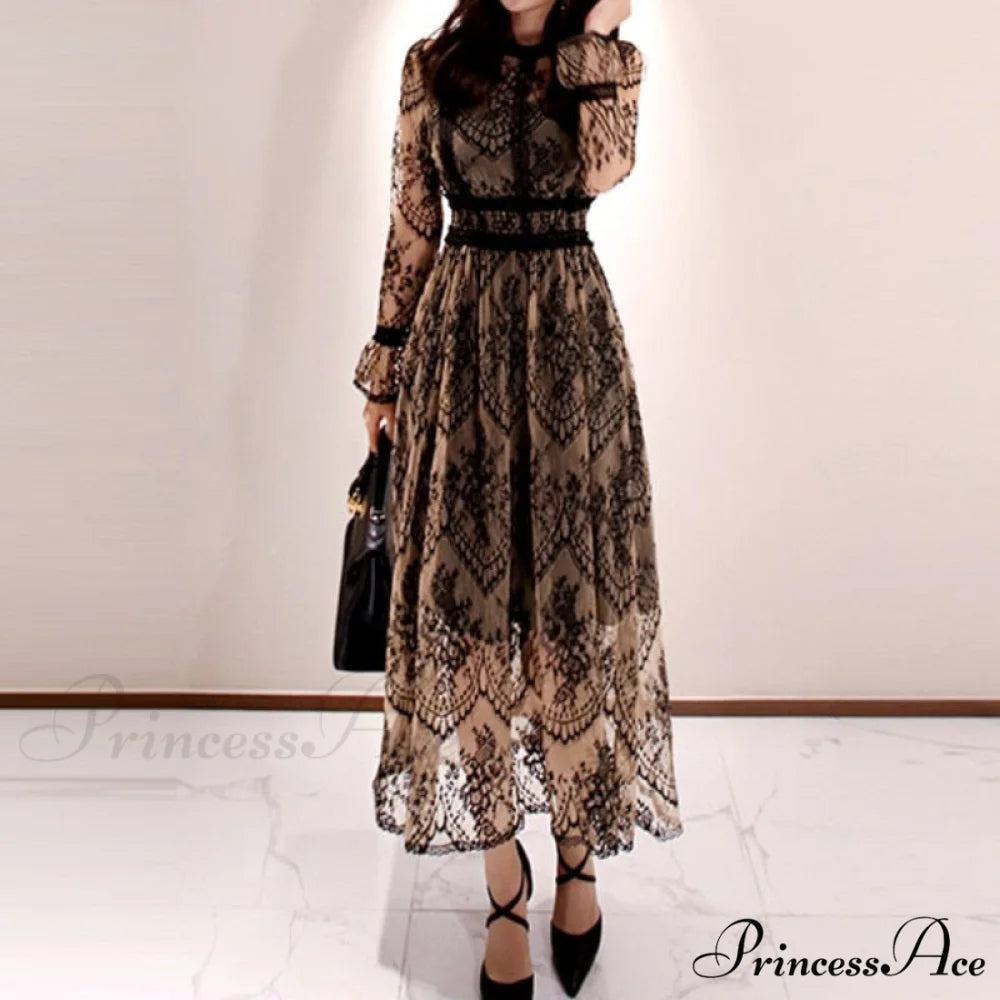 O-Neck Casual Waist Elegant High Party Vintage Femme Lace Sexy Arm Spring Robe Slim Long Outfits Fashion Women OL 2024