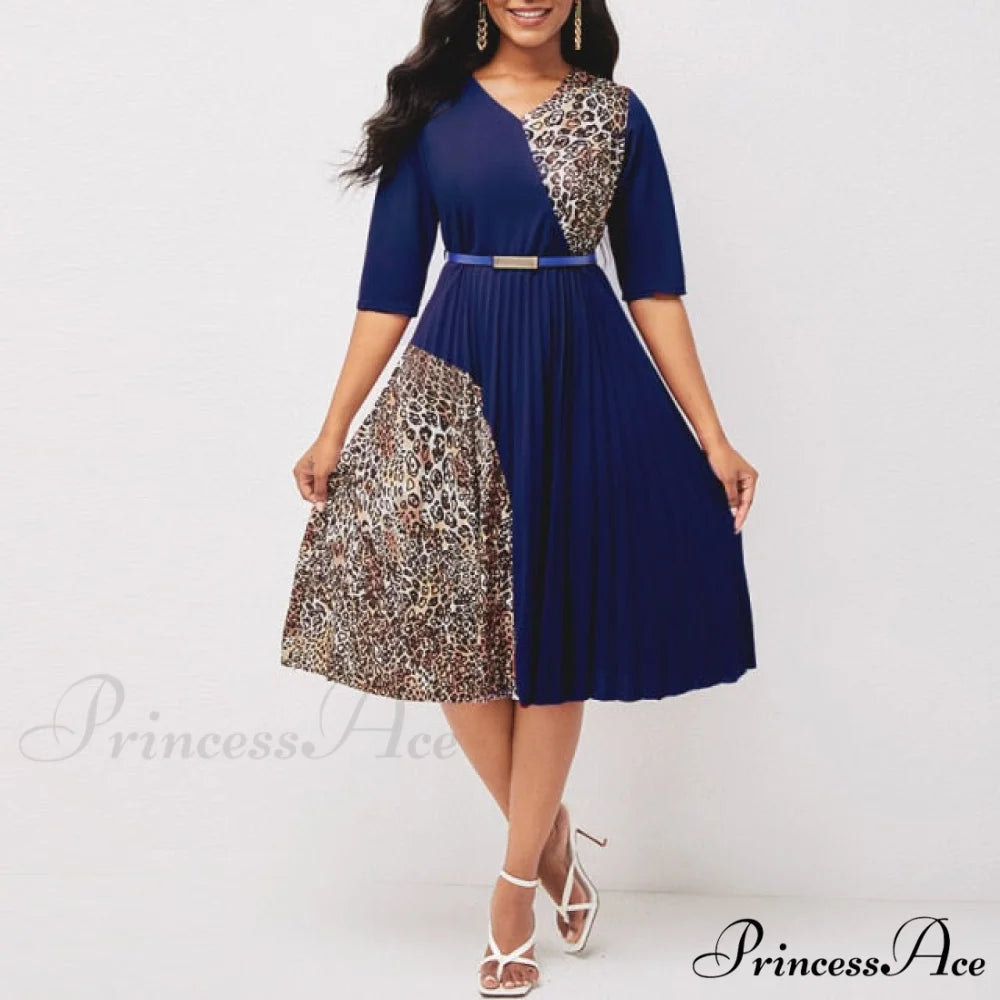 O Neck Half Sleeve Elegant A-Line Pleated Dress Navy blue / M