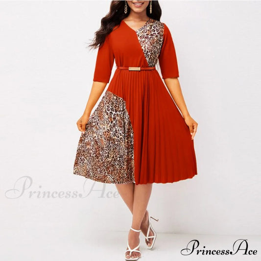 O Neck Half Sleeve Elegant A-Line Pleated Dress Orange red / M