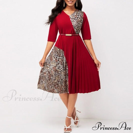 O Neck Half Sleeve Elegant A-Line Pleated Dress Red / M