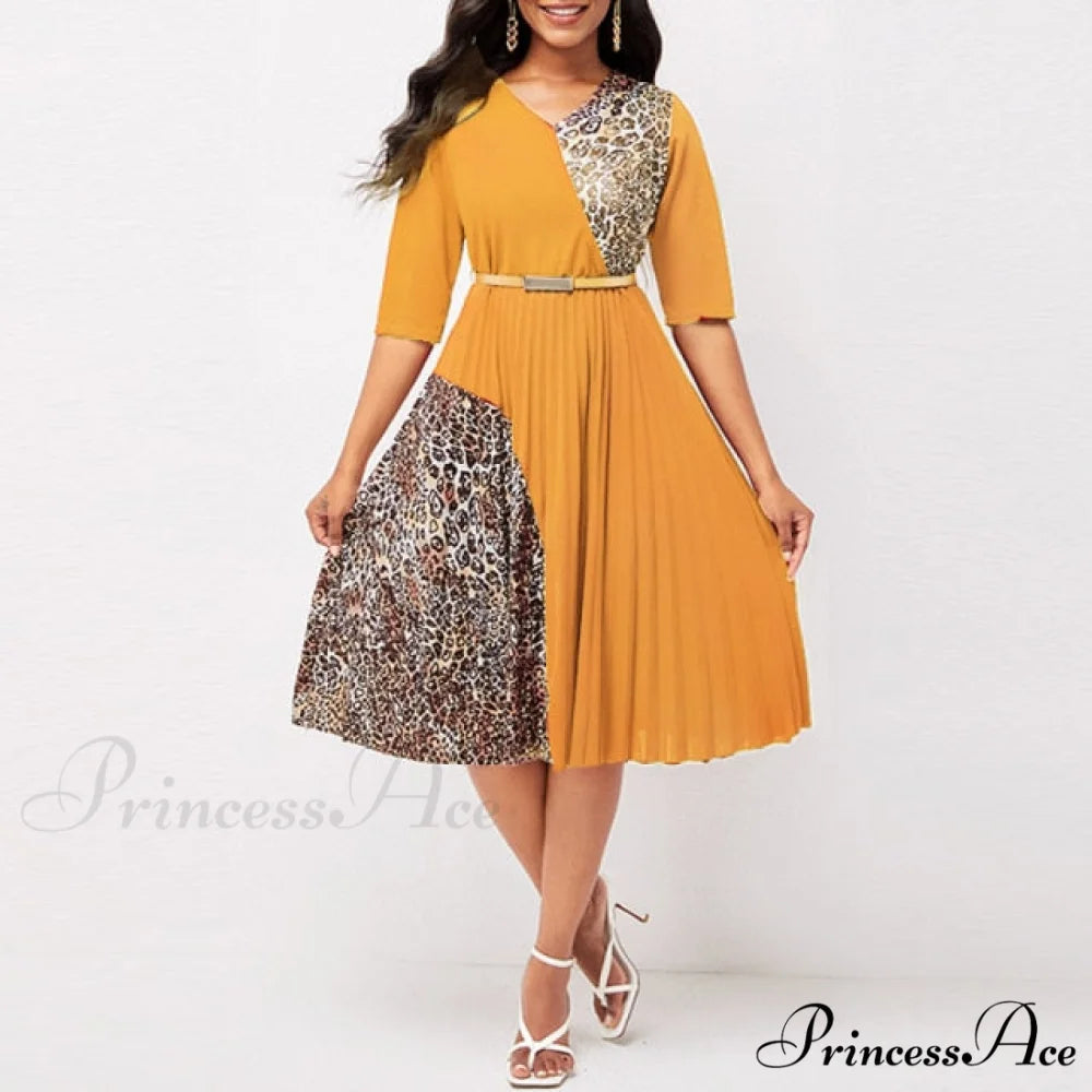 O Neck Half Sleeve Elegant A-Line Pleated Dress Yellow / M