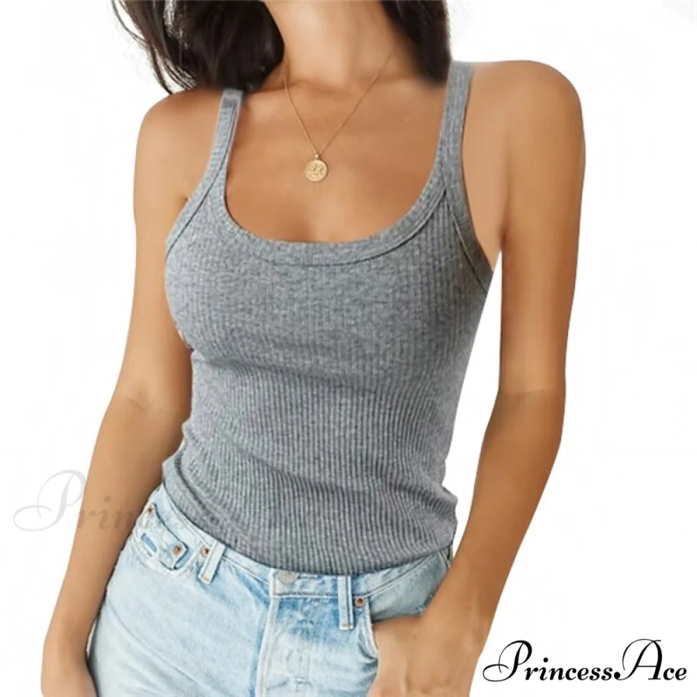O Neck Knittrf Sleeveless Basic Top Gray / S