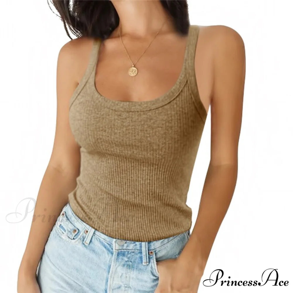 O Neck Knittrf Sleeveless Basic Top Khaki / S