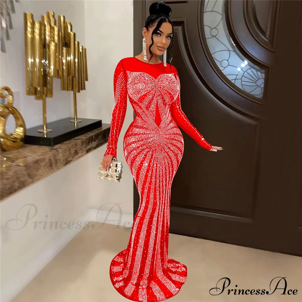 O-Neck Long Sleeve Party Dress Red / S