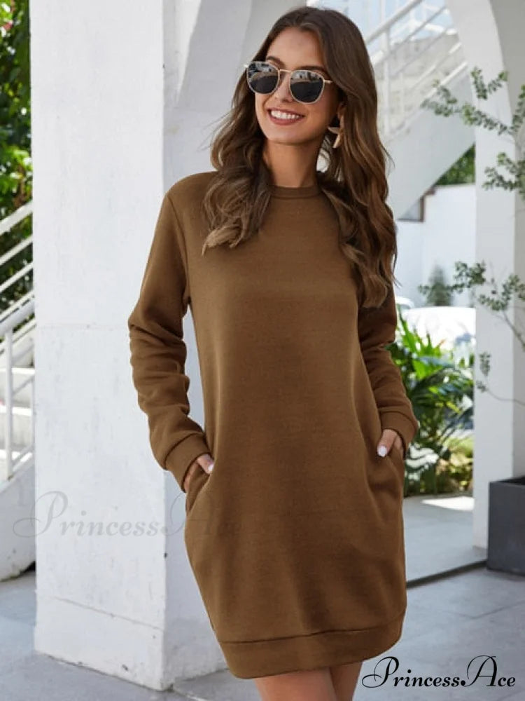 O Neck Long Sleeve Women’s Sweatshirt Dress Khaki / S