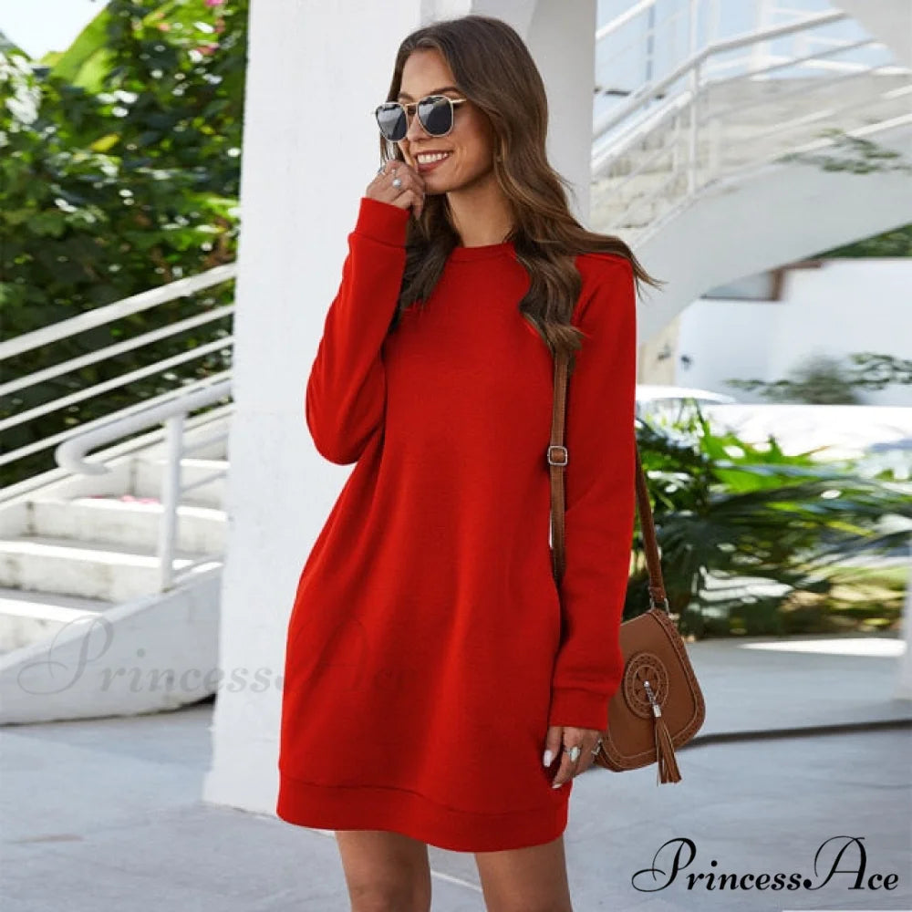 O Neck Long Sleeve Women’s Sweatshirt Dress Red / S