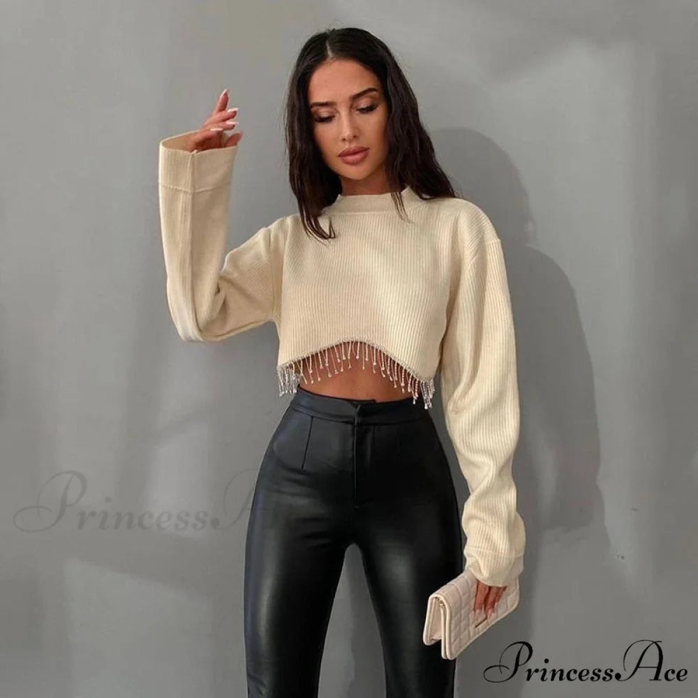 O-neck - Streetwear - Top - Casual 2024 Rhinestone Spring - Long Women’s Arm Tassel Crop - Hem T-shirt 01 White / S