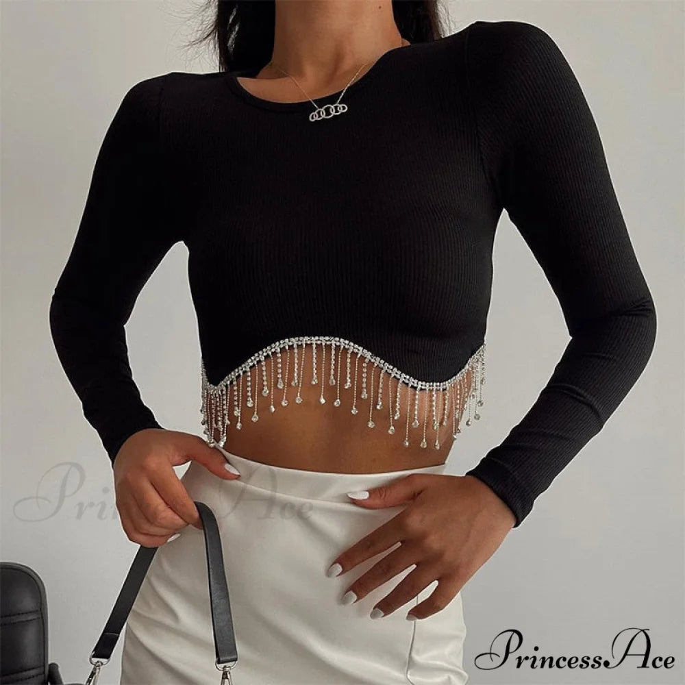 O-neck - Streetwear - Top - Casual 2024 Rhinestone Spring - Long Women’s Arm Tassel Crop - Hem T-shirt 02 black / S