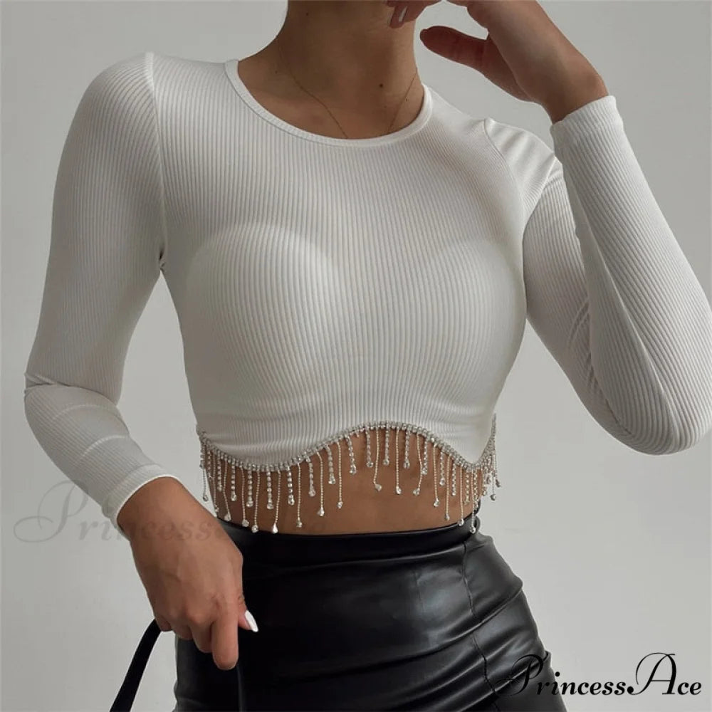 O-neck - Streetwear - Top - Casual 2024 Rhinestone Spring - Long Women’s Arm Tassel Crop - Hem T-shirt 02 white / S