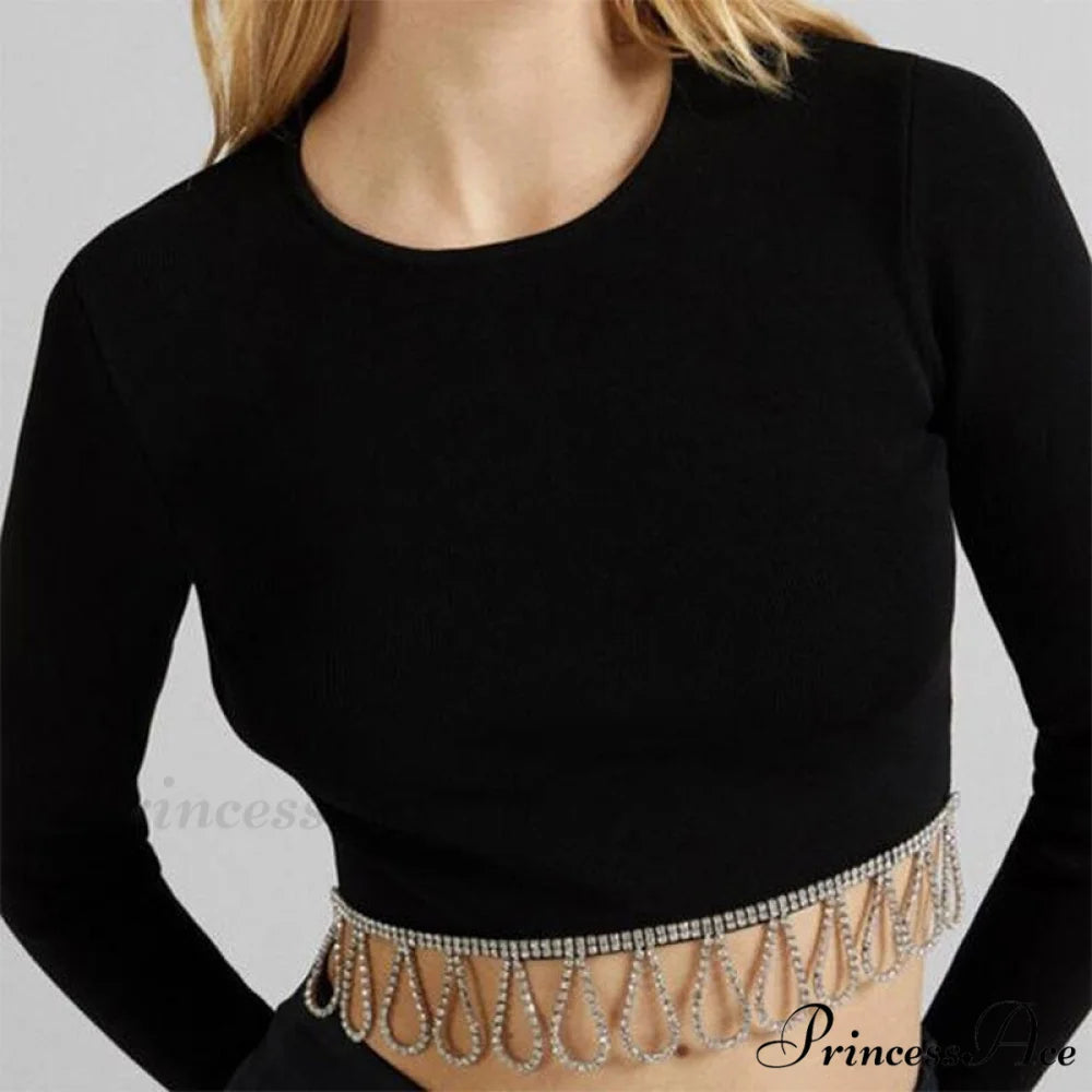 O-neck - Streetwear - Top - Casual 2024 Rhinestone Spring - Long Women’s Arm Tassel Crop - Hem T-shirt 03 black / S