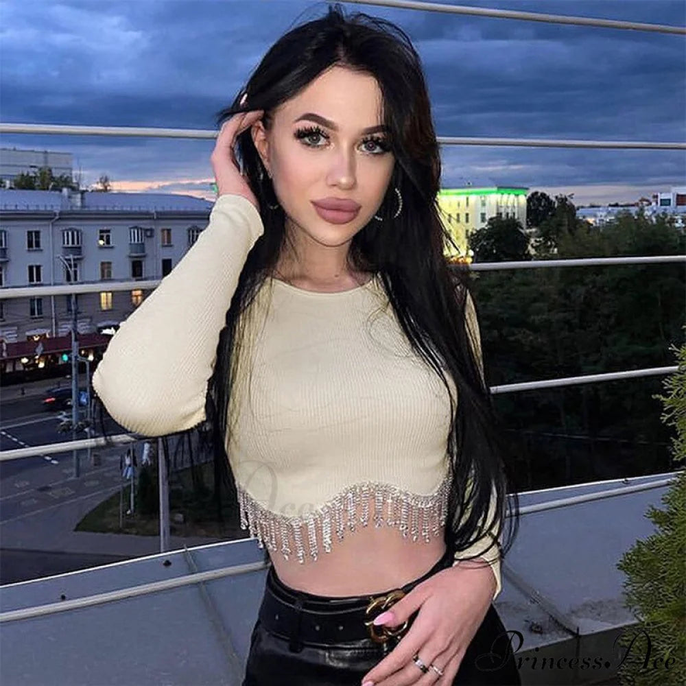O-neck - Streetwear - Top - Casual 2024 Rhinestone Spring - Long Women’s Arm Tassel Crop - Hem T-shirt 04 apricot / S