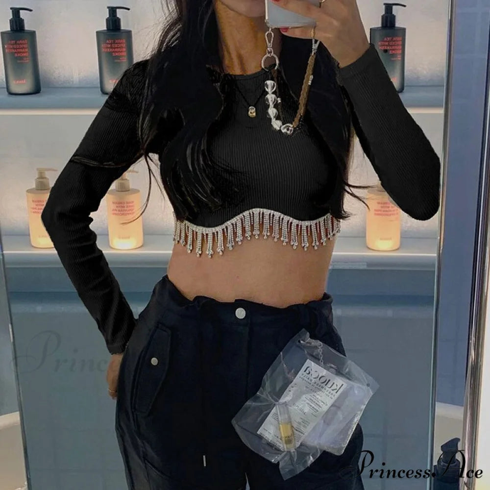 O-neck - Streetwear - Top - Casual 2024 Rhinestone Spring - Long Women’s Arm Tassel Crop - Hem T-shirt 04 black / S