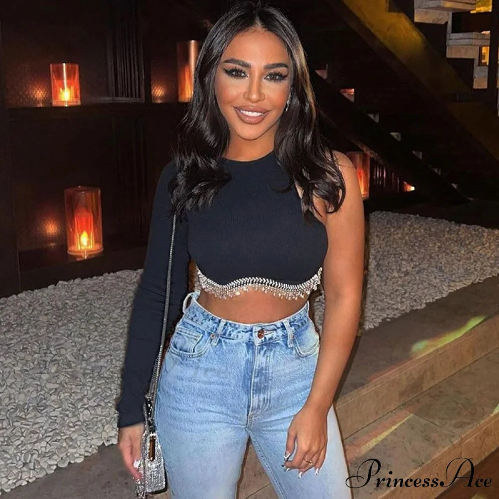 O-neck - Streetwear - Top - Casual 2024 Rhinestone Spring - Long Women’s Arm Tassel Crop - Hem T-shirt 05 black / S