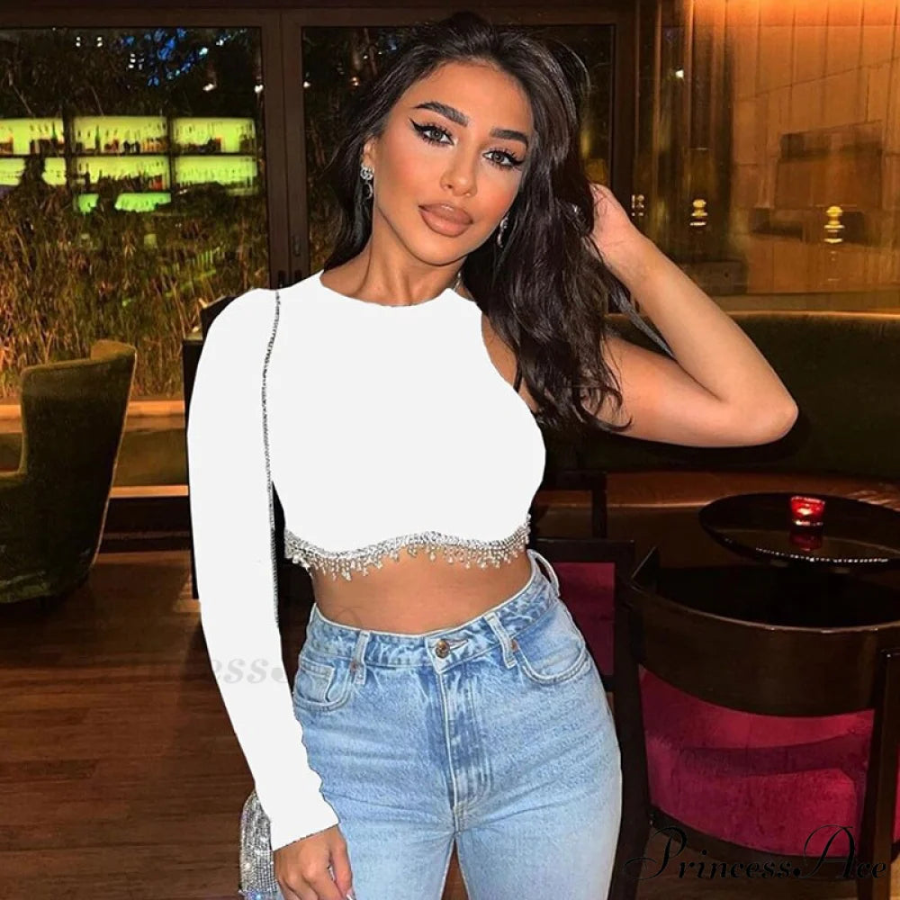 O-neck - Streetwear - Top - Casual 2024 Rhinestone Spring - Long Women’s Arm Tassel Crop - Hem T-shirt 05 white / S