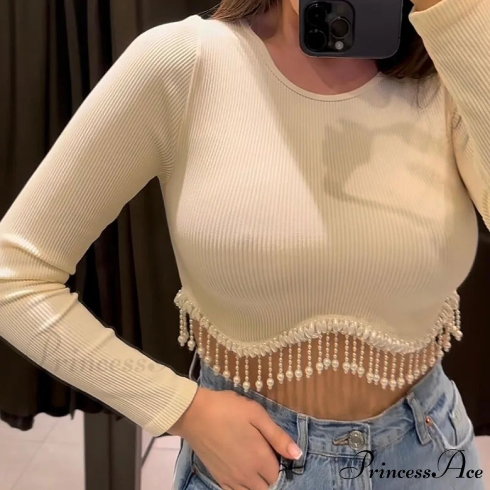 O-neck - Streetwear - Top - Casual 2024 Rhinestone Spring - Long Women’s Arm Tassel Crop - Hem T-shirt 06 beige / S