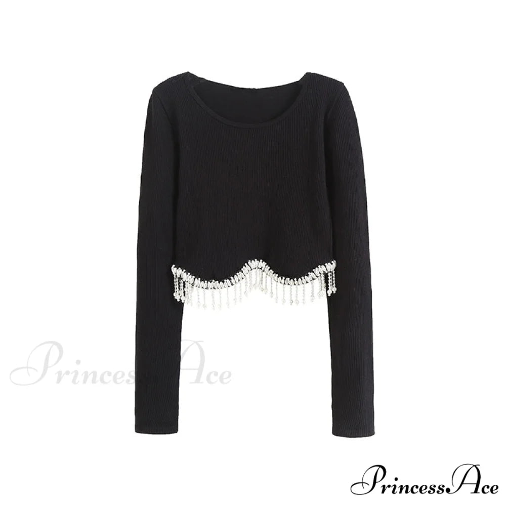 O-neck - Streetwear - Top - Casual 2024 Rhinestone Spring - Long Women’s Arm Tassel Crop - Hem T-shirt 06 black / S