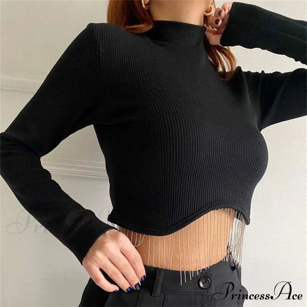 O-neck - Streetwear - Top - Casual 2024 Rhinestone Spring - Long Women’s Arm Tassel Crop - Hem T-shirt 07 black / S