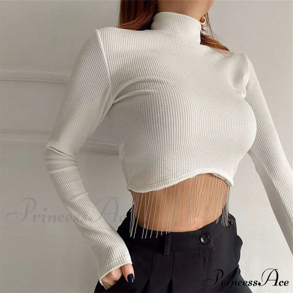 O-neck - Streetwear - Top - Casual 2024 Rhinestone Spring - Long Women’s Arm Tassel Crop - Hem T-shirt 07 white / S