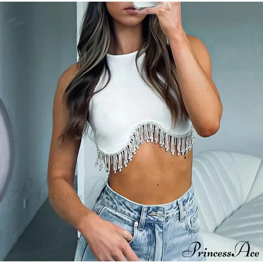 O-neck - Streetwear - Top - Casual 2024 Rhinestone Spring - Long Women’s Arm Tassel Crop - Hem T-shirt 08 white / S