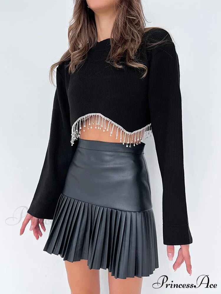 O-neck - Streetwear - Top - Casual 2024 Rhinestone Spring - Long Women’s Arm Tassel Crop - Hem T-shirt