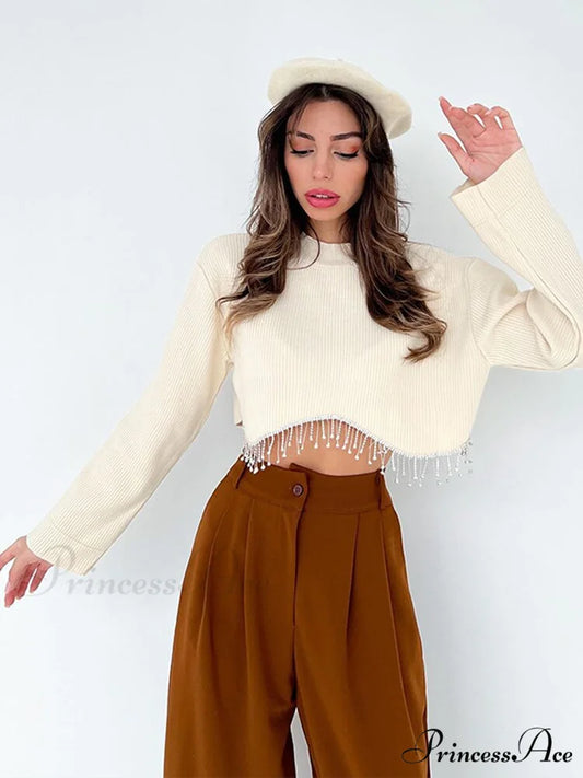 O-neck - Streetwear - Top - Casual 2024 Rhinestone Spring - Long Women’s Arm Tassel Crop - Hem T-shirt