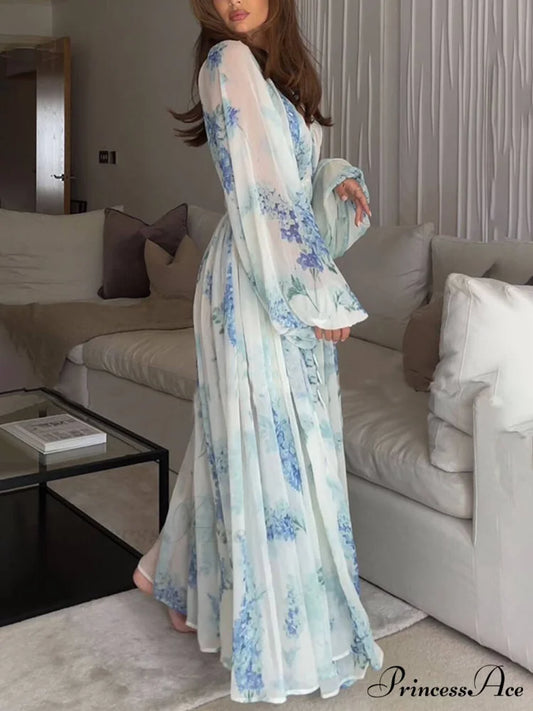 Ocean Flower Chiffon Floral Graceful Drawstring Waist Maxi Dress