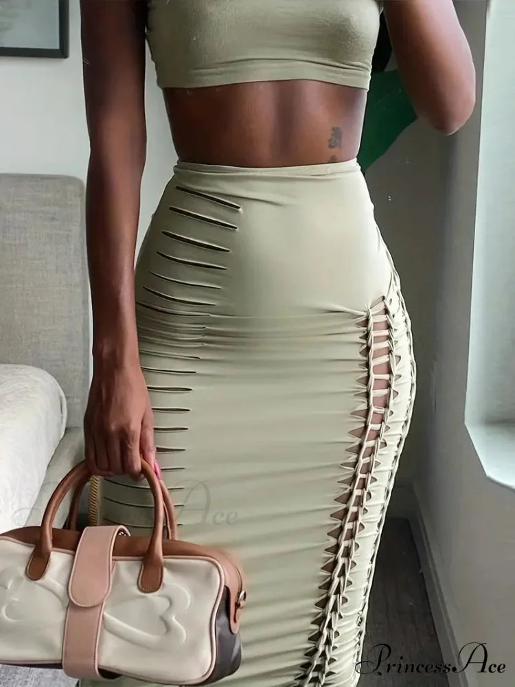 Ochre Crop Top and Skirt Set M / Green