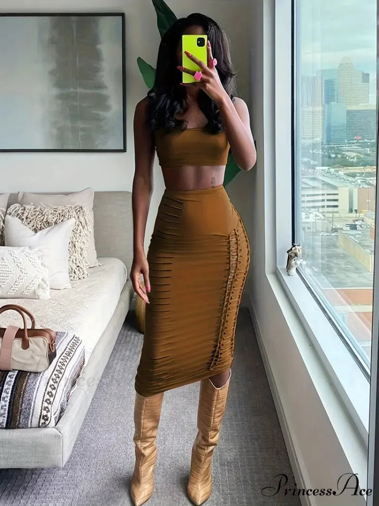 Ochre Crop Top and Skirt Set S / Brown