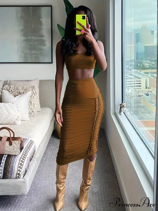 Ochre Crop Top and Skirt Set S / Brown
