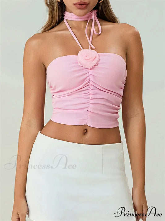 Off Shoulder 3D Bloom Gathered Tube Crop Top PINK / S croptop-250126