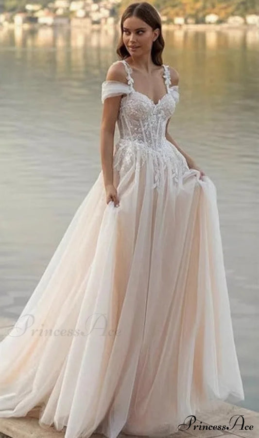 Off-Shoulder A-Line Transparent Bridal Gown weddingdress-250223