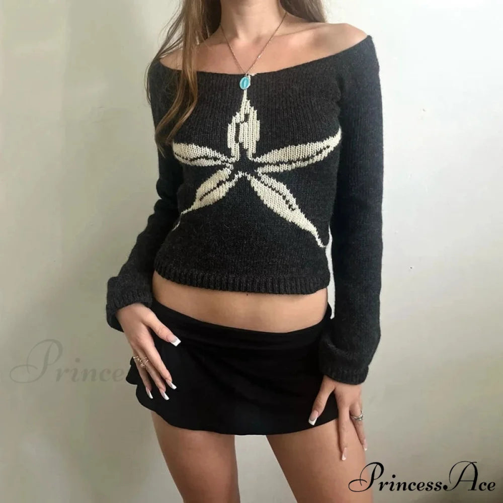 Off Shoulder Artistic Design Sweater Extended Sleeve Knit Top Women BLACK2 / S knittop-250126