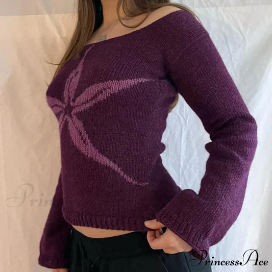 Off Shoulder Artistic Design Sweater Extended Sleeve Knit Top Women knittop-250126
