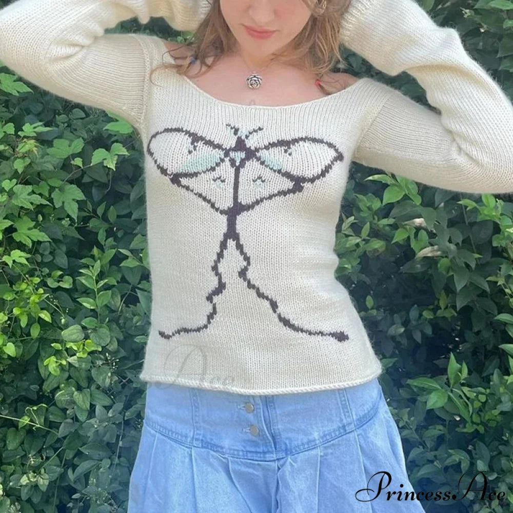 Off Shoulder Artistic Design Sweater Extended Sleeve Knit Top Women knittop-250126